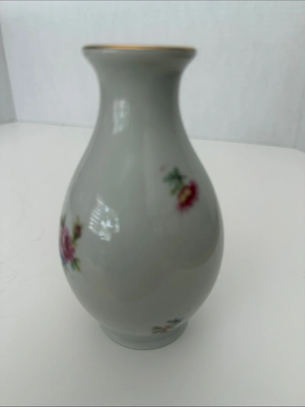 White Ceramic Decorative Bud Vase with Gold Rim and Floral Detail